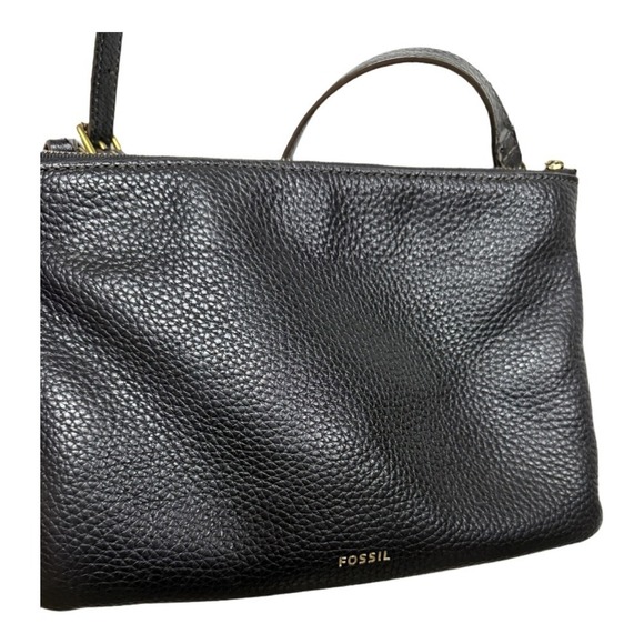 Fossil Handbags - Fossil Black Pebbled Leather Crossbody Shoulder Bag Purse Black Gold Zip